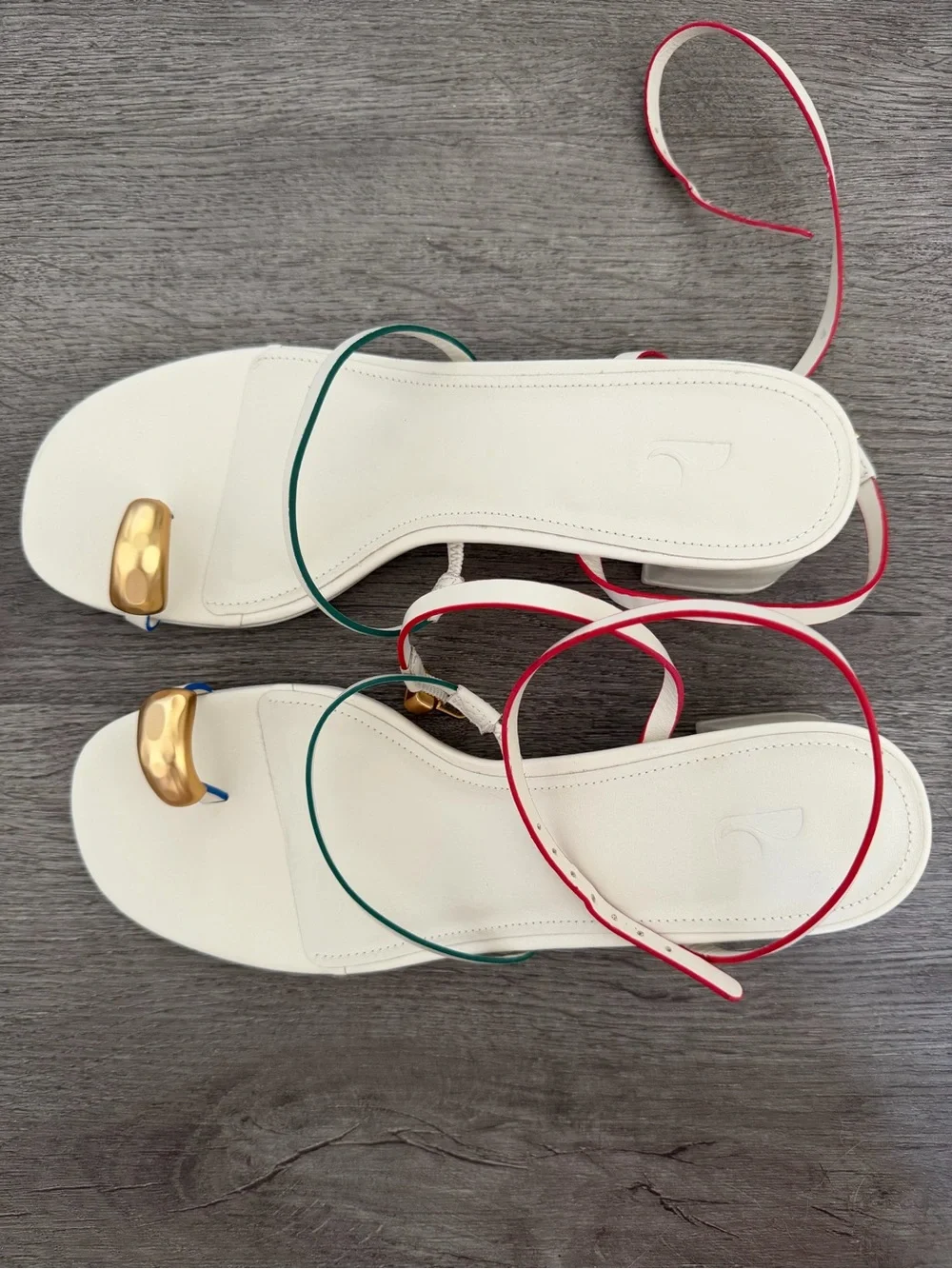 Larroude Cream Block Heel Sandals with Red and Green Trim